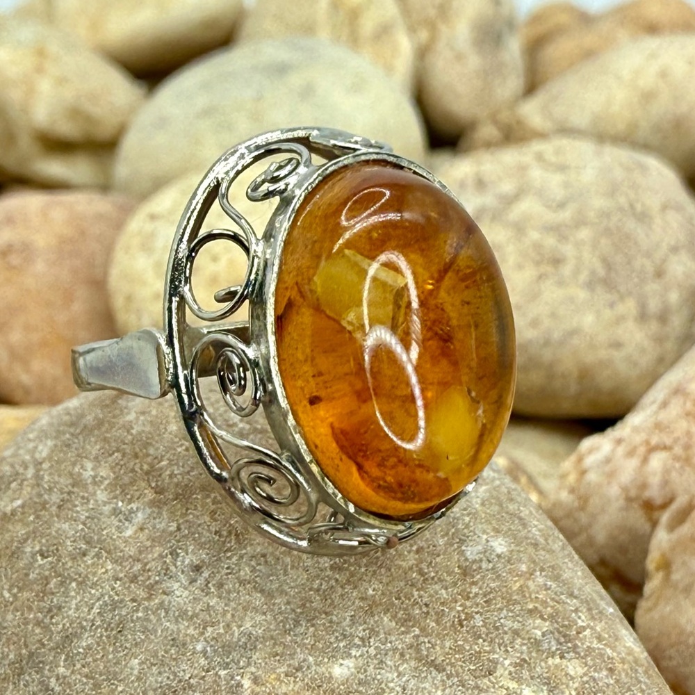 Vintage Amber Cabochon Filigree Silvertone Statement Ring Size 7.75